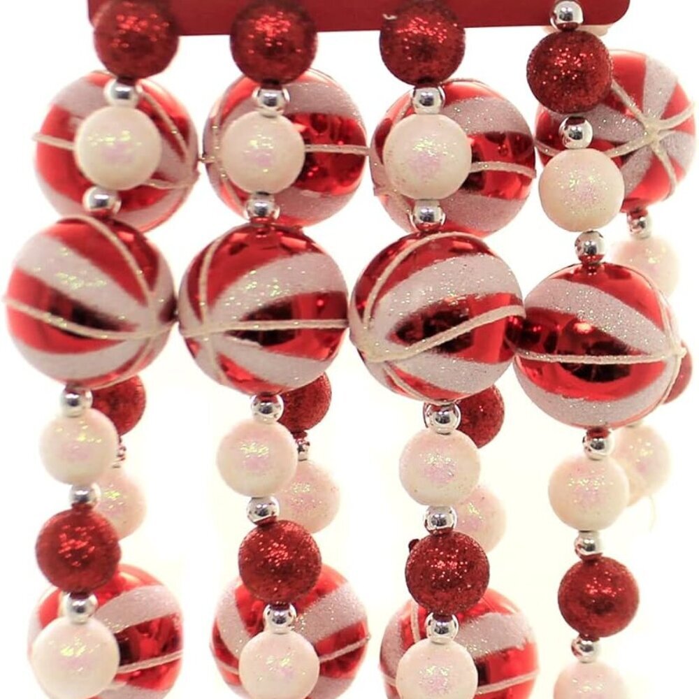 6-Foot Red and White Glitter Candy Ball Garland